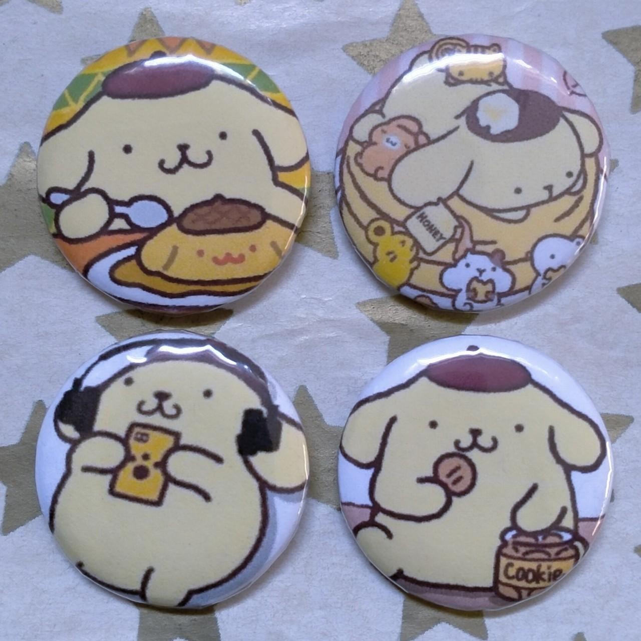 'pompompurin' sanrio yellow themed x4 pack button... - Depop