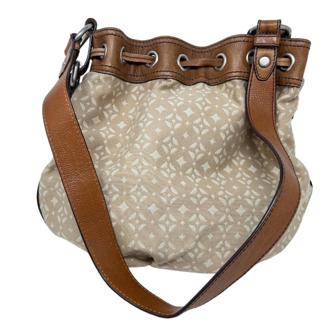 Fossil store Maddox Taupe & Metallic Gold Jacquard Pecan Tan Brown Leather Bucket Bag