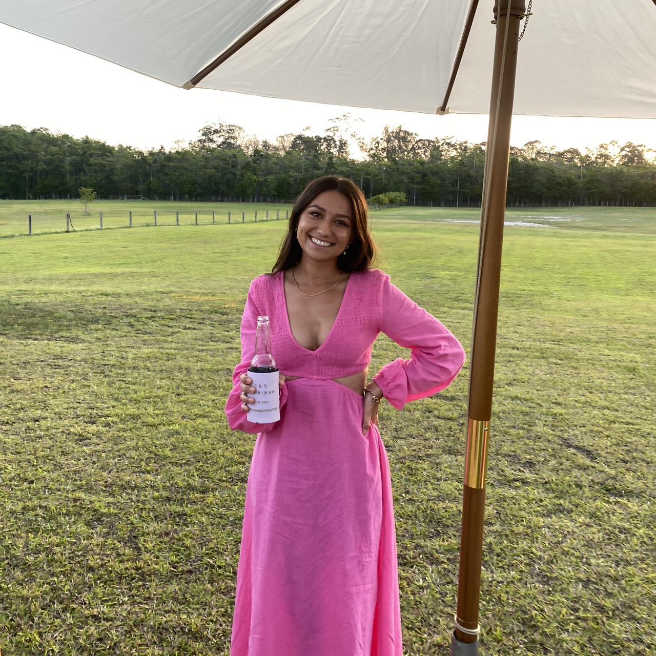 Pink maxi dress with cut-out detailing... | Depop