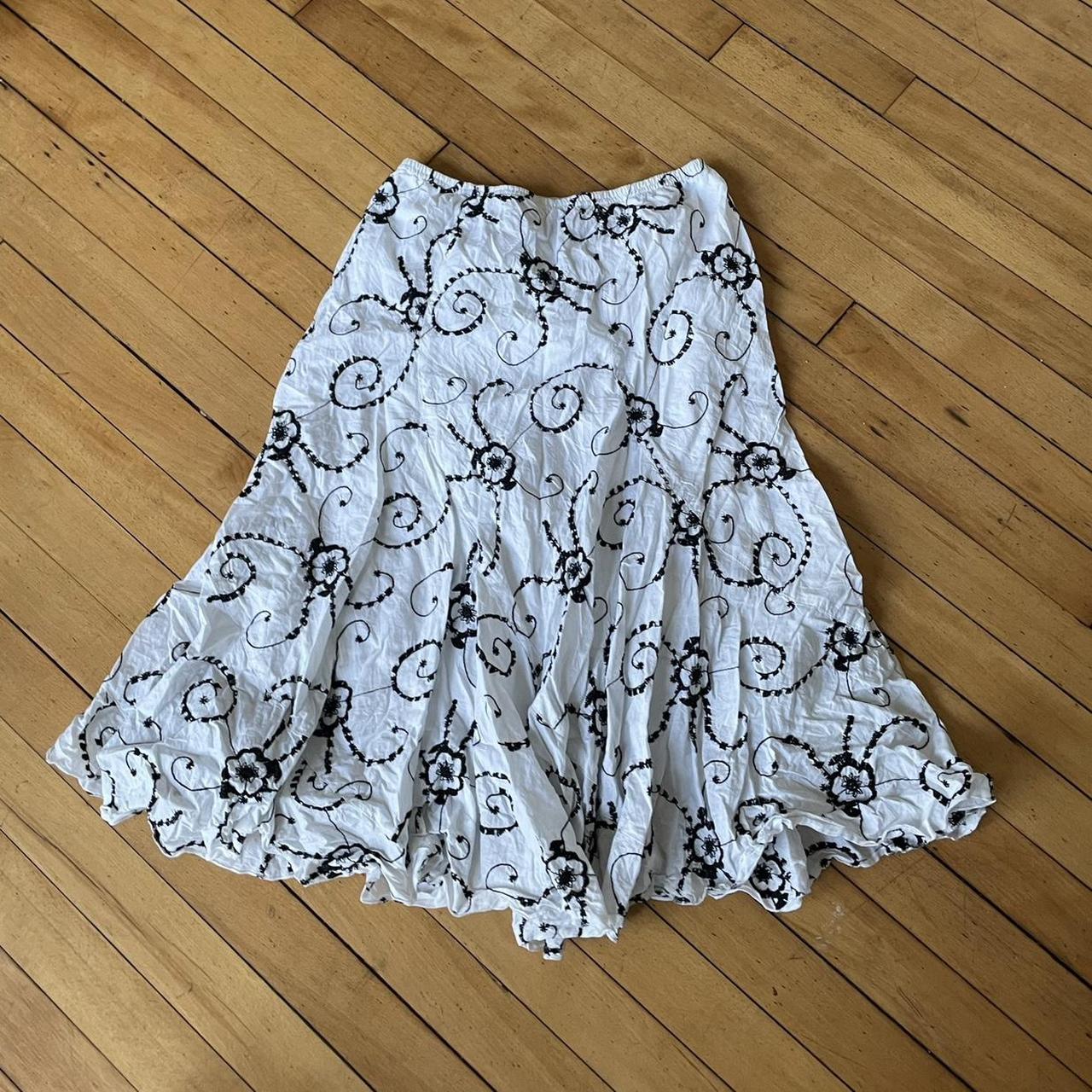 white black embroidered floral midi skirt brand:... - Depop