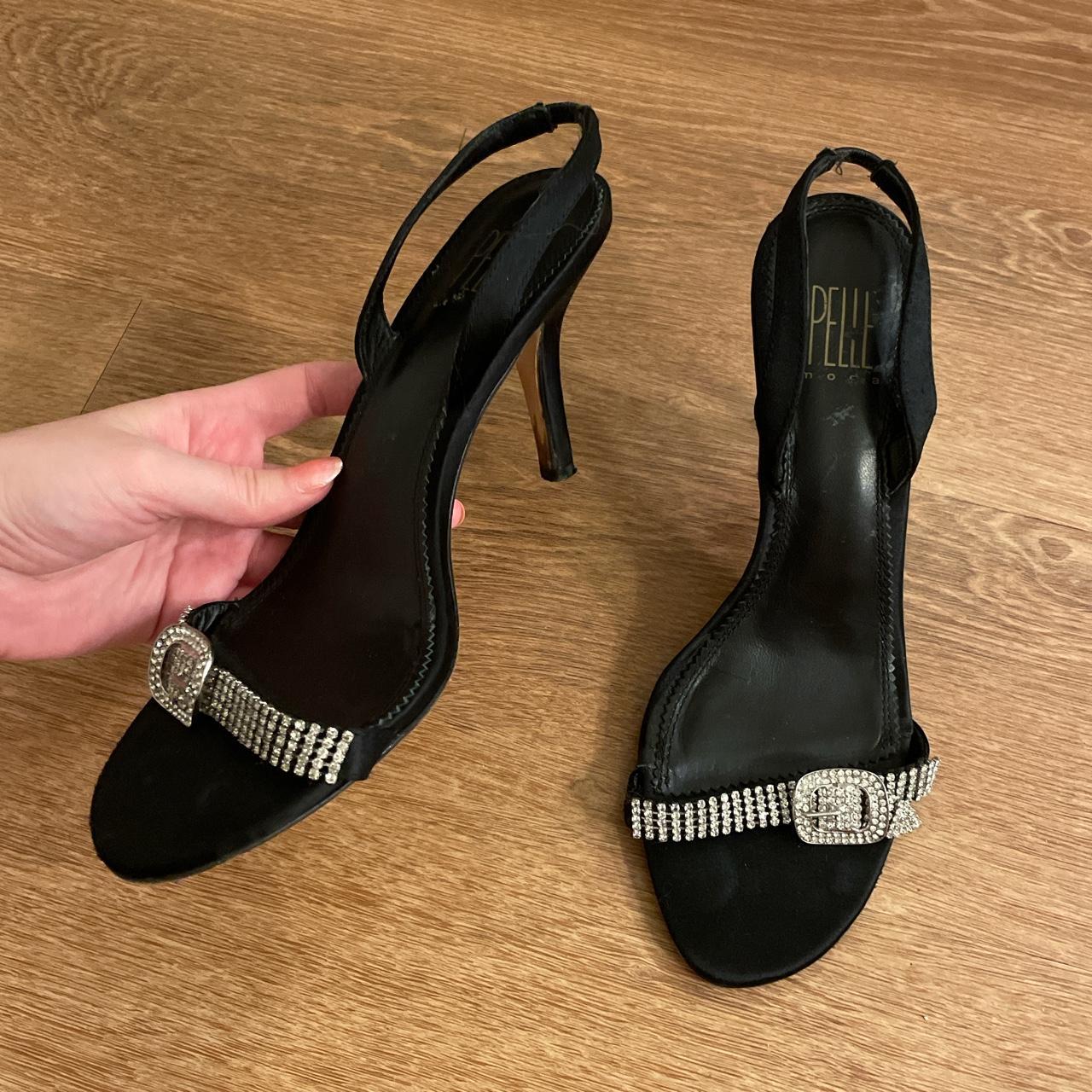 Cutest rhinestone buckle and satin sling back heels - Depop