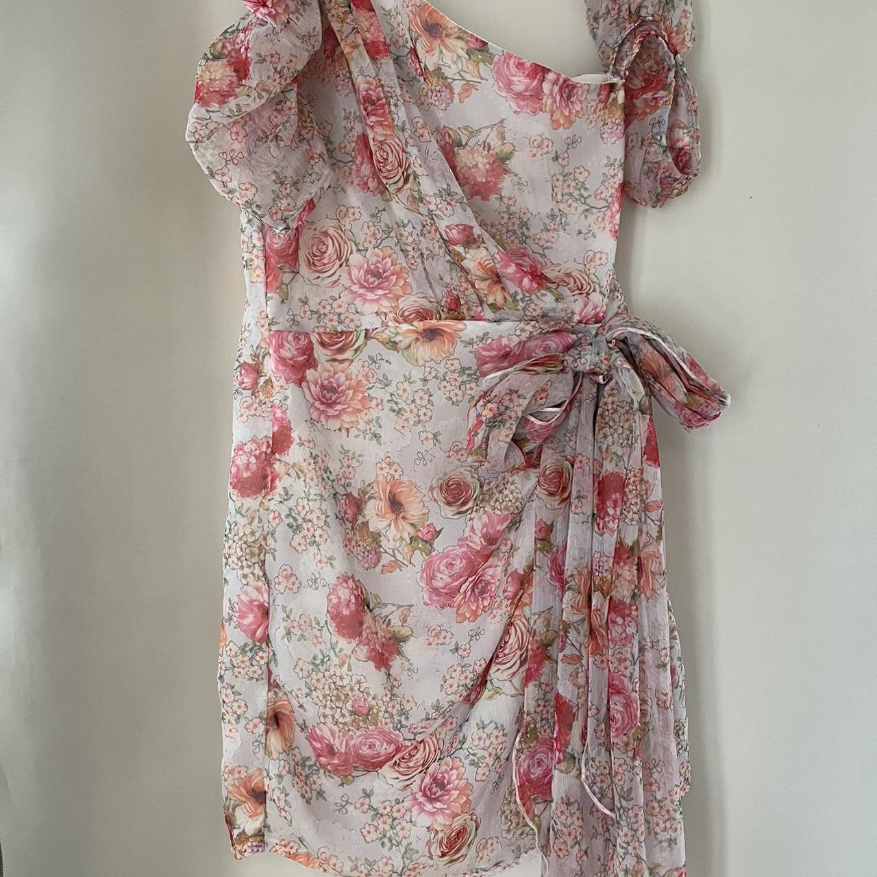 PLT Pink Floral Print Chiffon One Shoulder Draped... - Depop