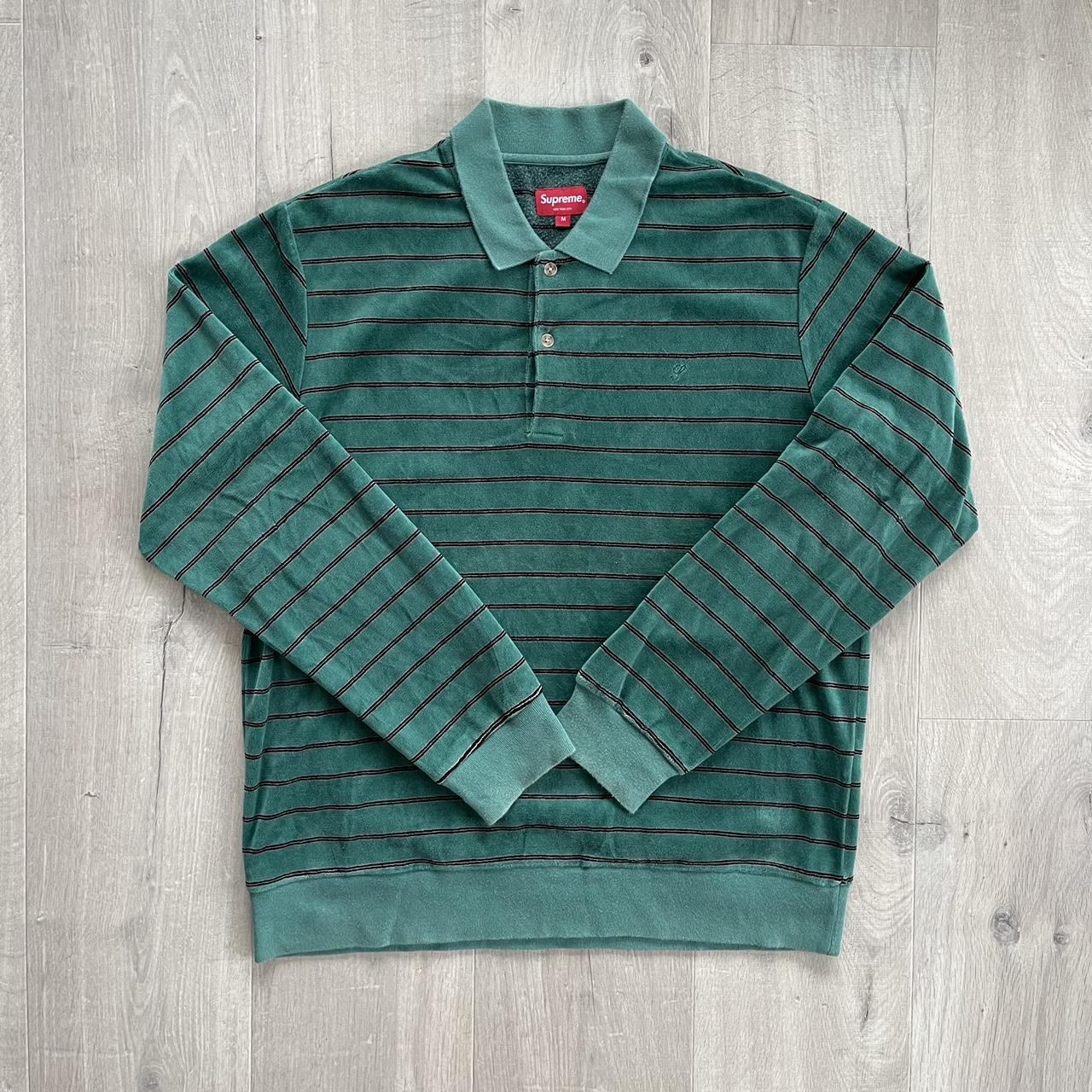 Supreme Green Stripped Velour L/S Polo Shirt... - Depop