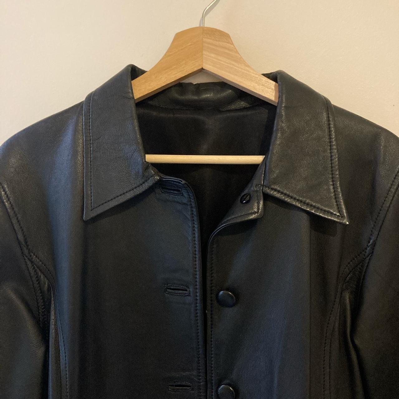 Long leather looking jacket silky lining and big... - Depop