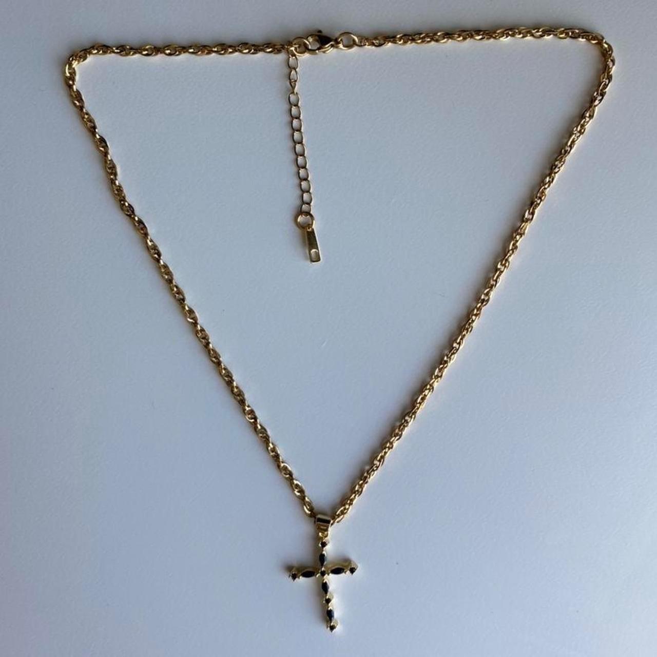 Back & Gold Gemstone Cross Charm Necklace Necklace... - Depop