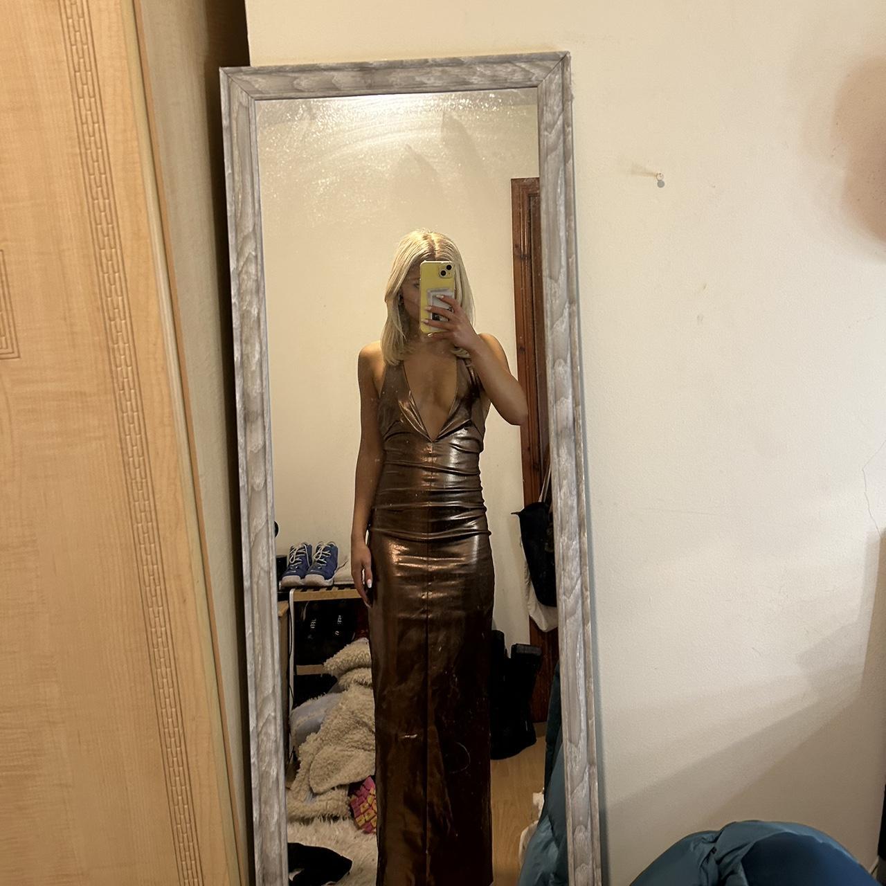 Zara metallic bronze halter neck maxi dress Size XS... Depop