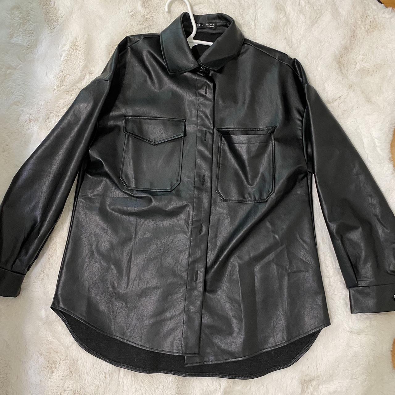 black oversized leather jacket - Depop