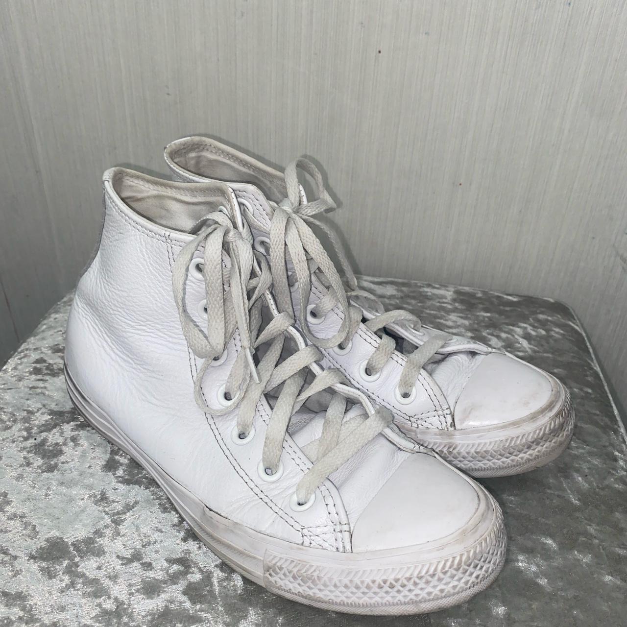 Women’s white hi top leather converse - UK Size... - Depop