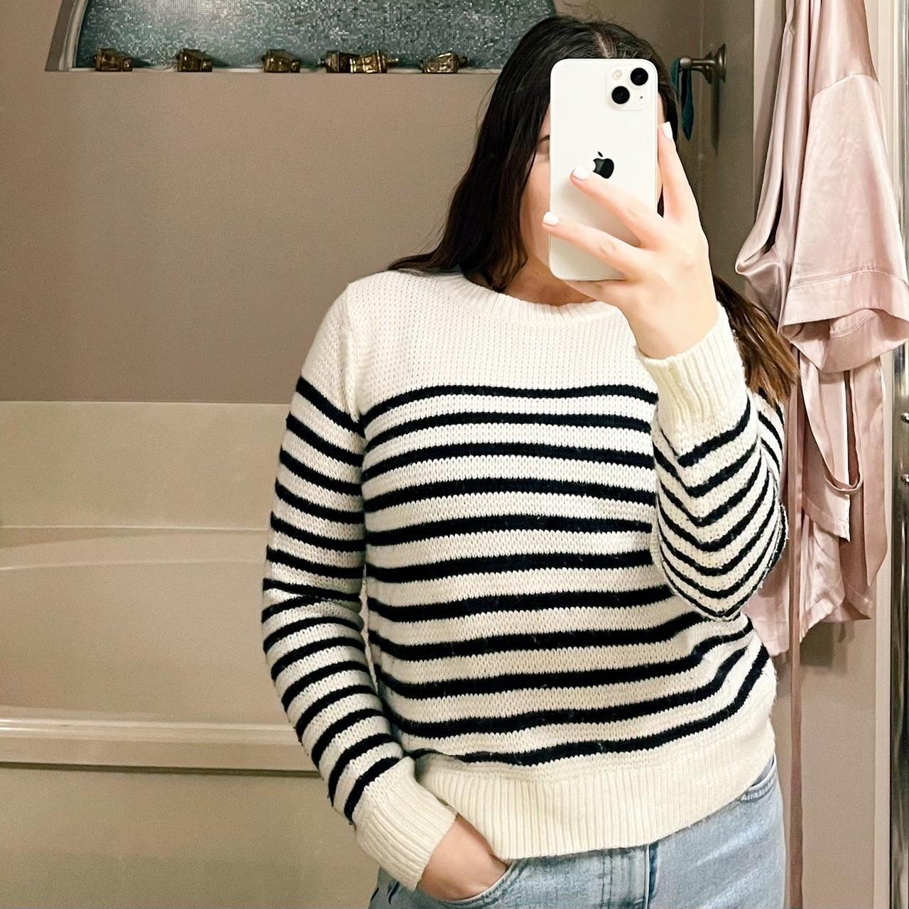White knitted sweater with black Stripes Worn a... - Depop