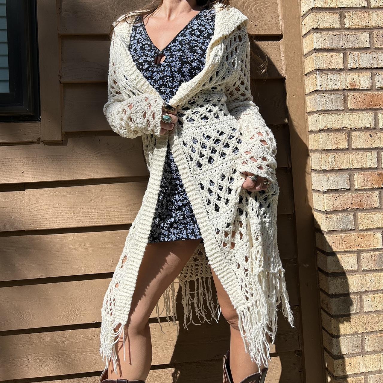 Vintage 90s white cream crochet sweater with fringe....