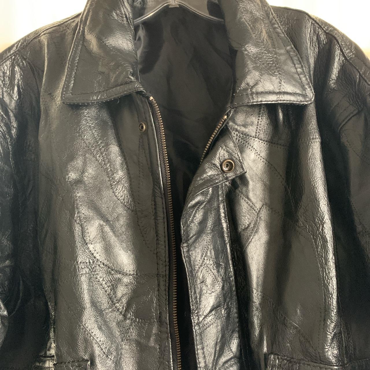 Large black leather jacket #vintageleatherjacket... - Depop