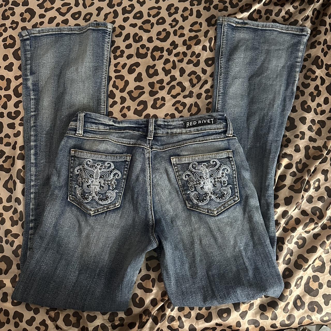 red rivet jeans flare sick studded designs - Depop