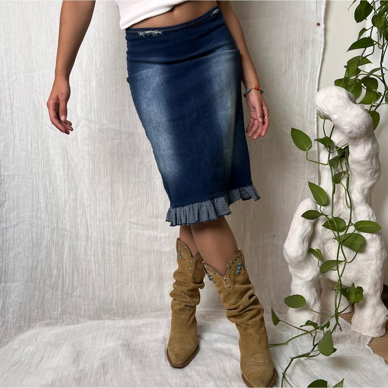 Faded midi denim skirt with ruffles on the Depop