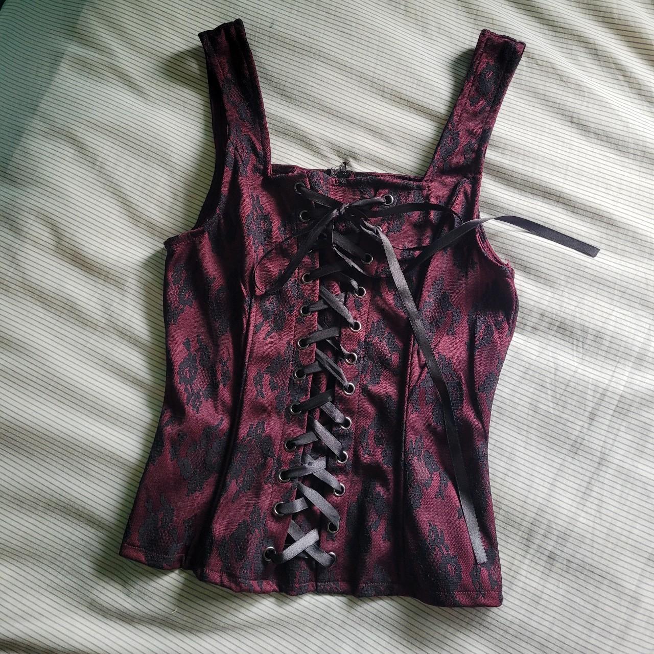 ♠️♥️ Wine red corset top with black lace overlay,... Depop