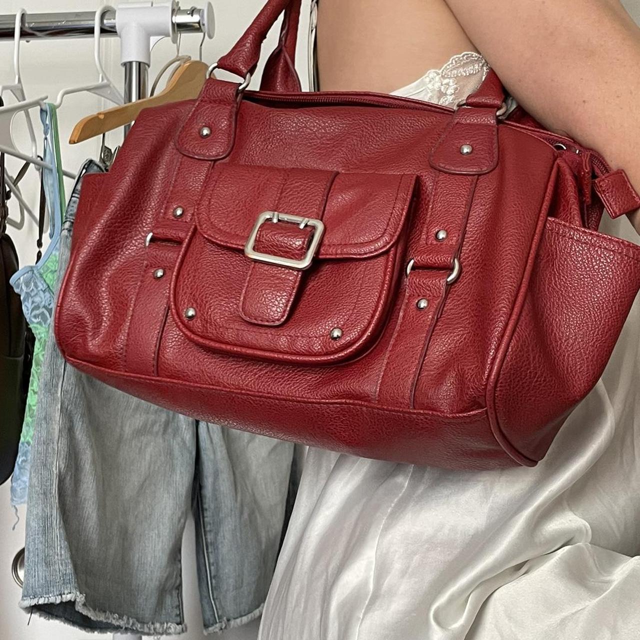 Burgundy silver studded shoulder bag Three big... - Depop