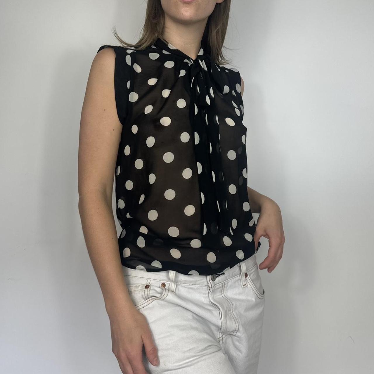 Black And White Polka Dot Sheer Top With A Tie Neck Depop