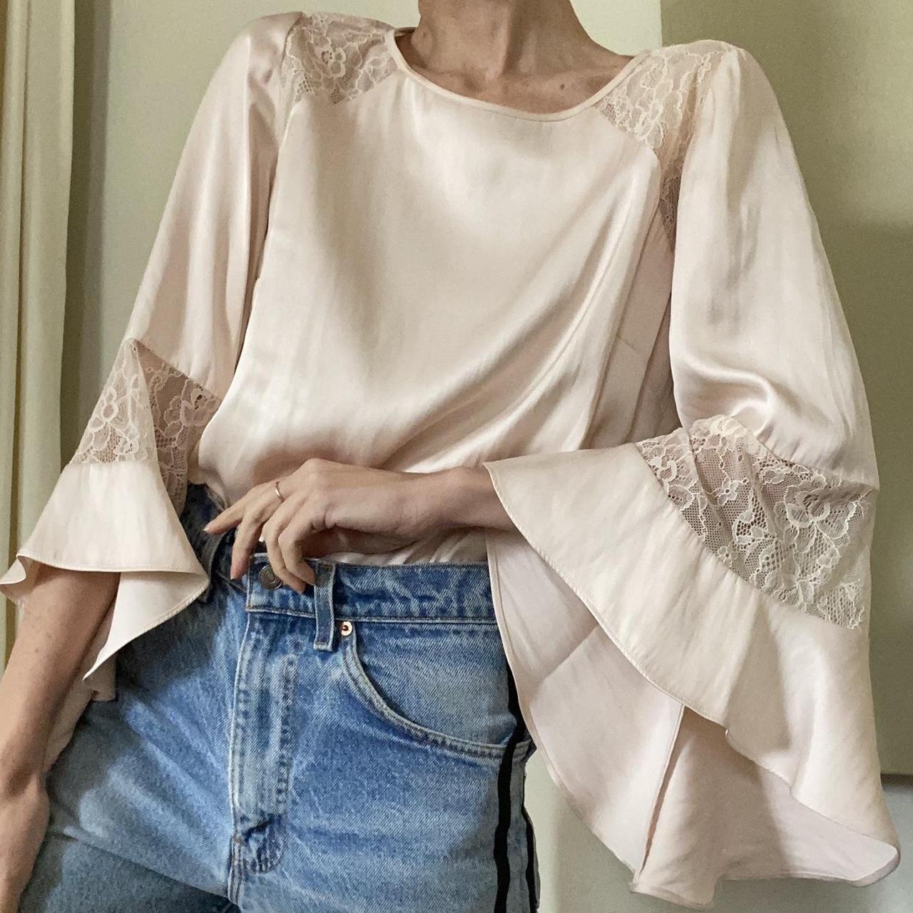 Lush blush pink blouse with belle sleeves and lace... Depop