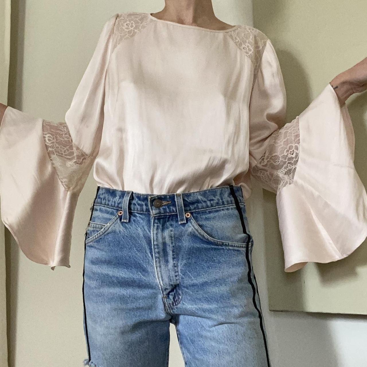 Lush blush pink blouse with belle sleeves and lace... Depop