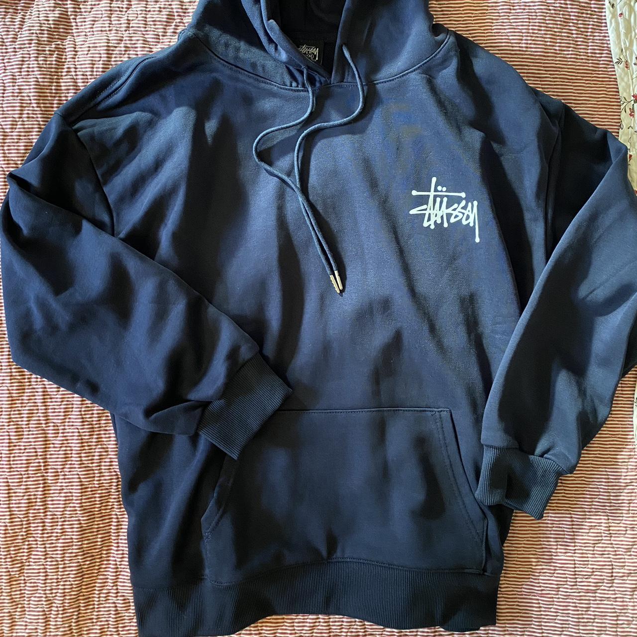 Navy Stussy hoodie logo printed on the back and... - Depop