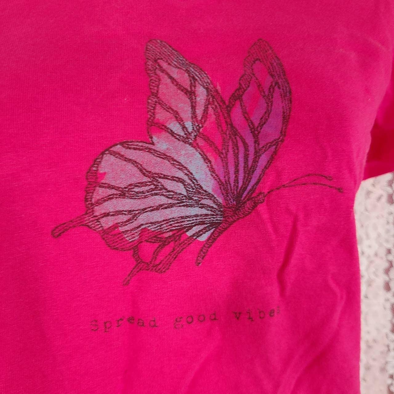 Life is Good PInk spread good vibes butterfly v neck... - Depop