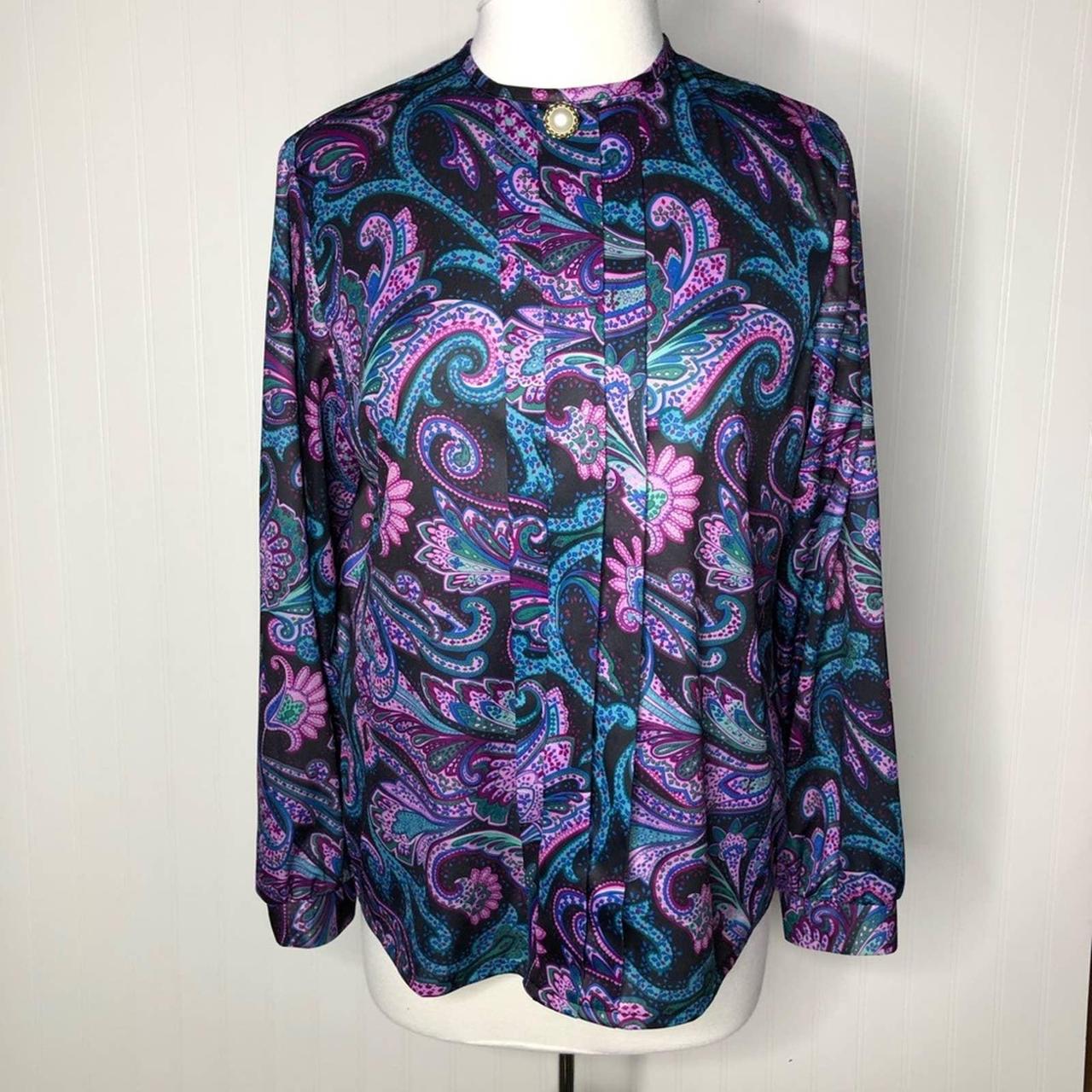 Vintage 80s Purple Teal Ornate Paisley Blouse... - Depop