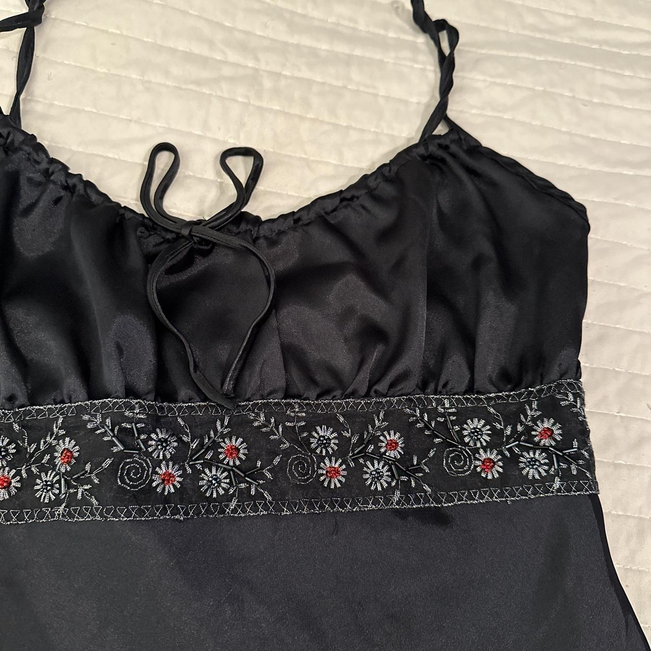 Dess USA~black silky tank top with floral bead work... - Depop