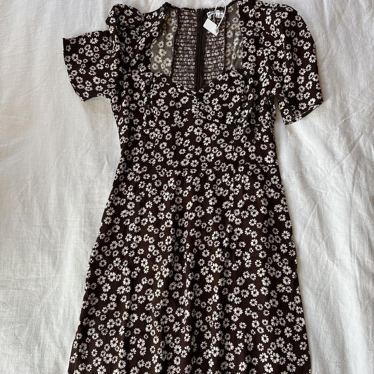 Reformation Women's Brown and White Dress | Depop