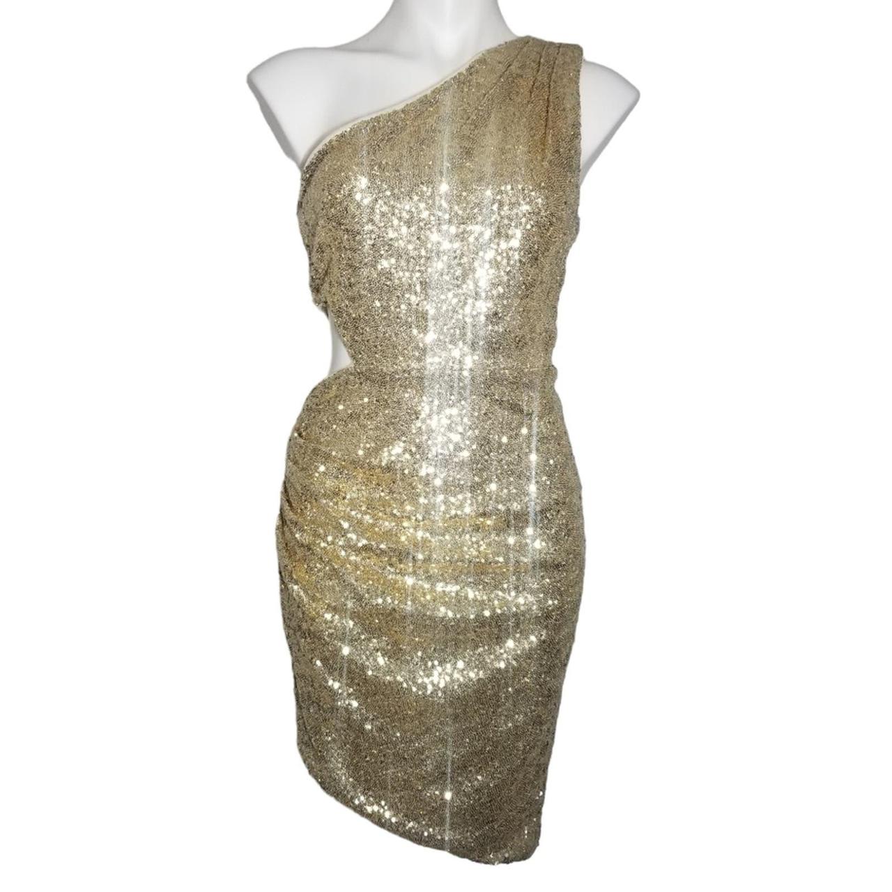 BCBGmaxazria Gold Sequin Mini One Shoulder Dress new Depop