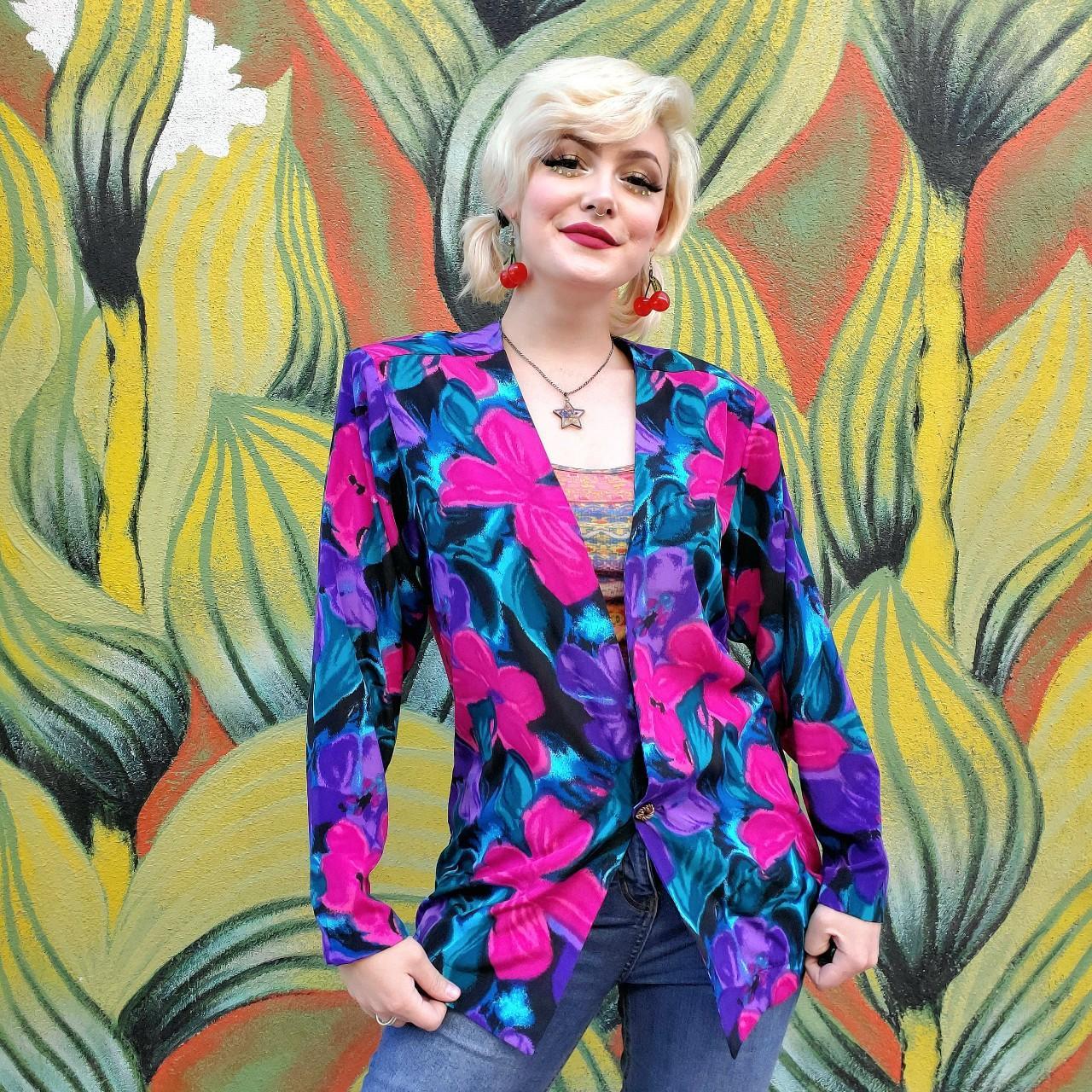 Bright 80's Vintage Shoulder Pad Floral Blazer Suit... - Depop