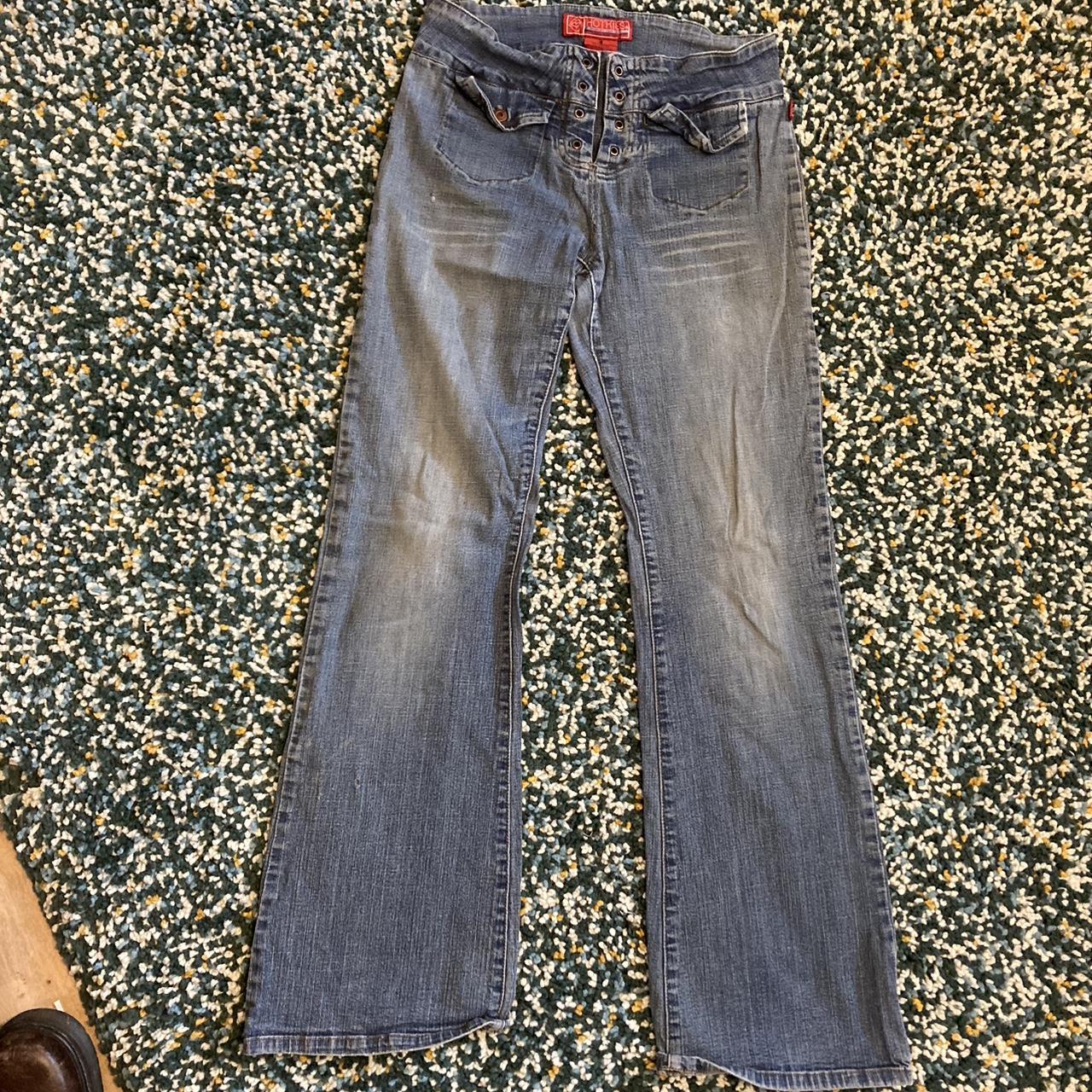 denim y2k flared low rise jeans! so cute with a tie... - Depop