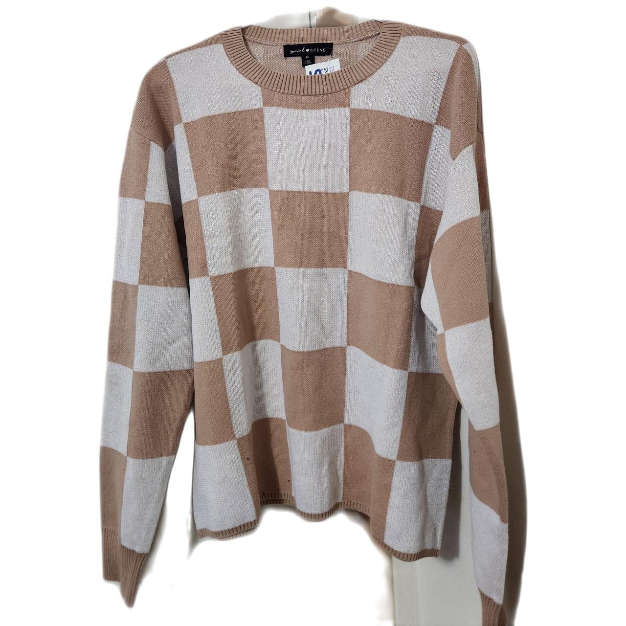 White and Tan Brown Checkerboard Pullover Hoodie