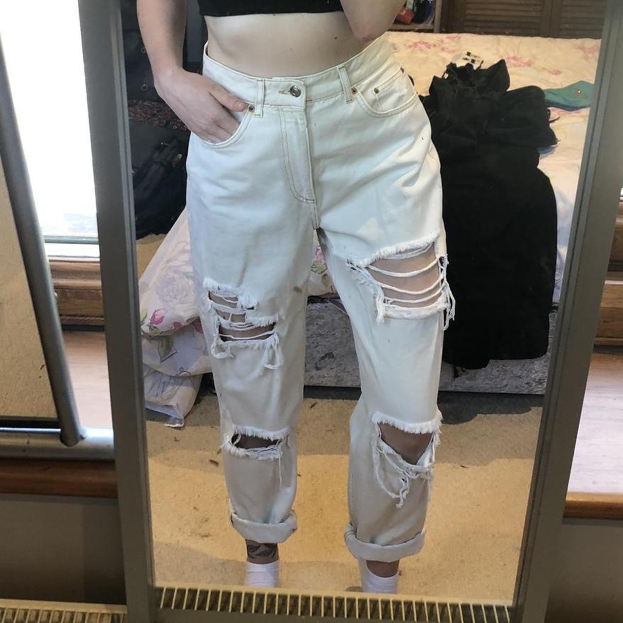 Cream ripped straight legged jeans 28 Waist Worn... - Depop