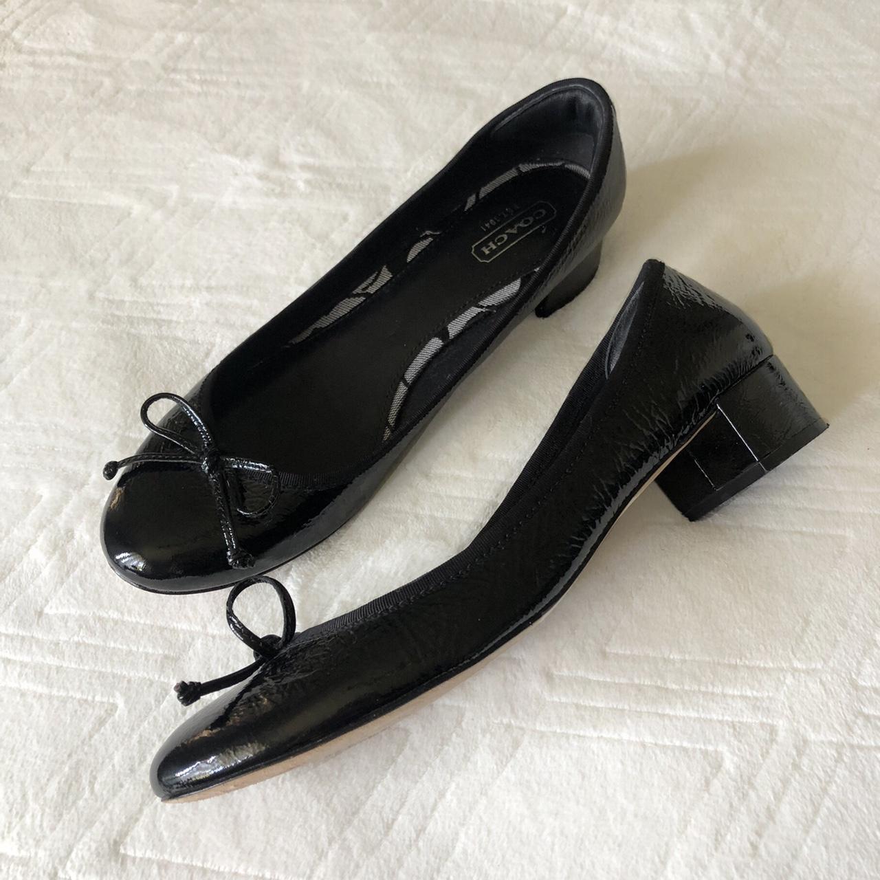 coach black patent leather ballet heels with bow... - Depop