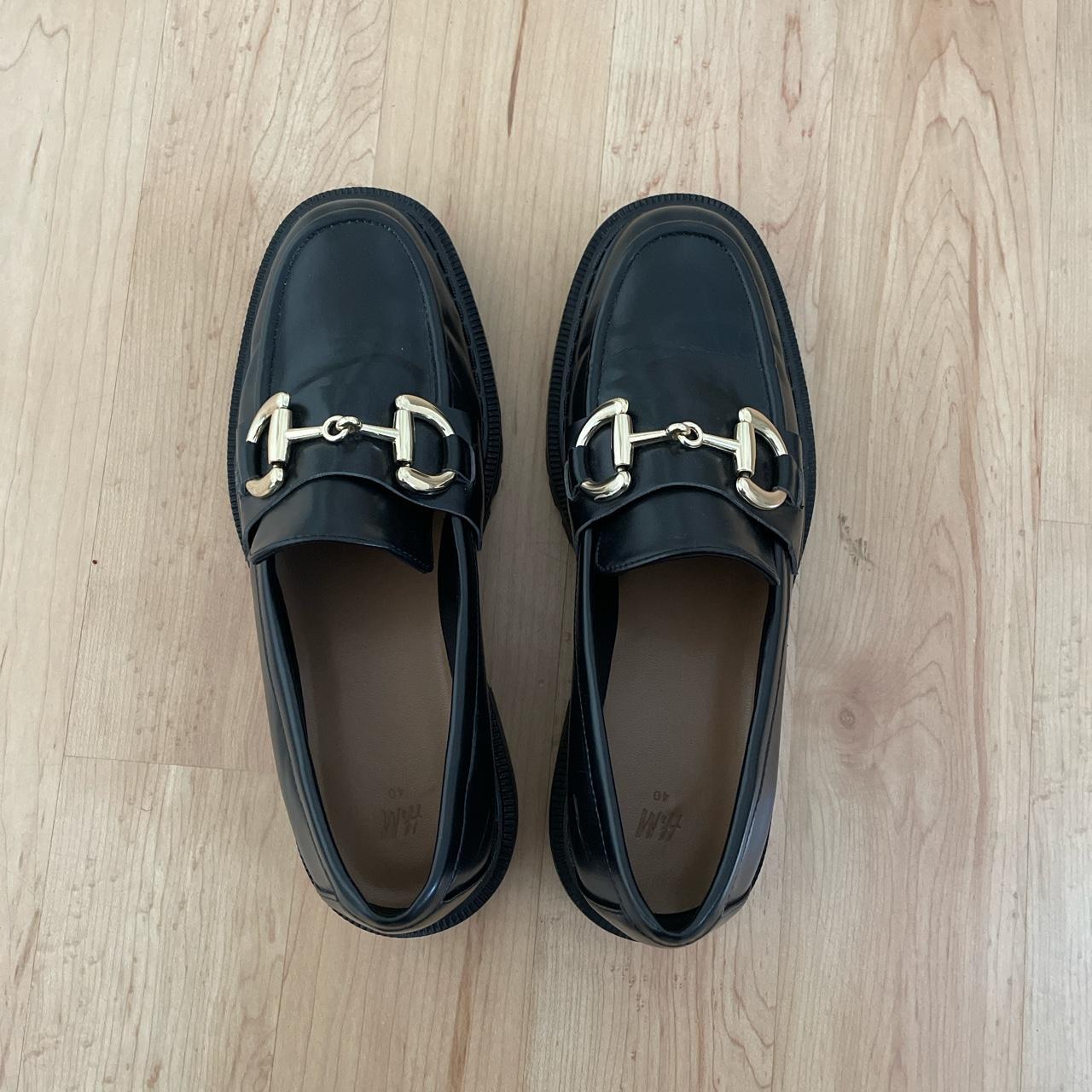 H&M Women's Black and Gold Loafers | Depop