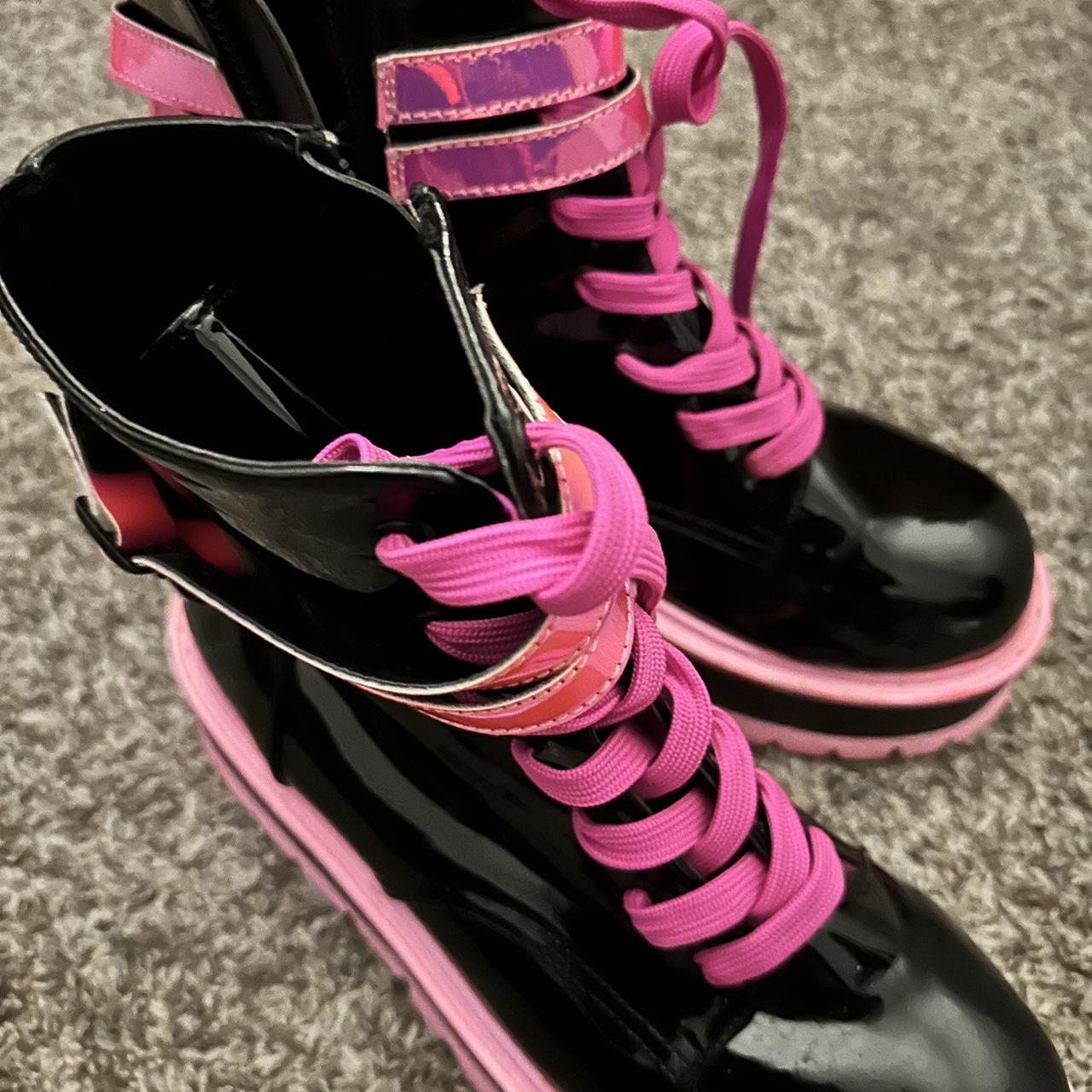 Demonia boots pink vinyl material worn