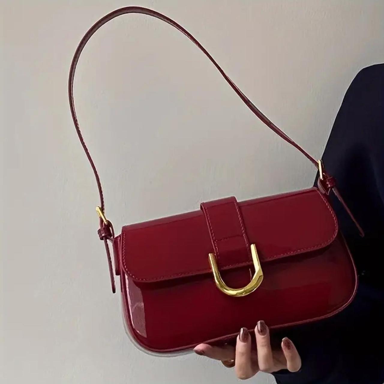 Red glossy finish shoulder bag with adjustable... - Depop