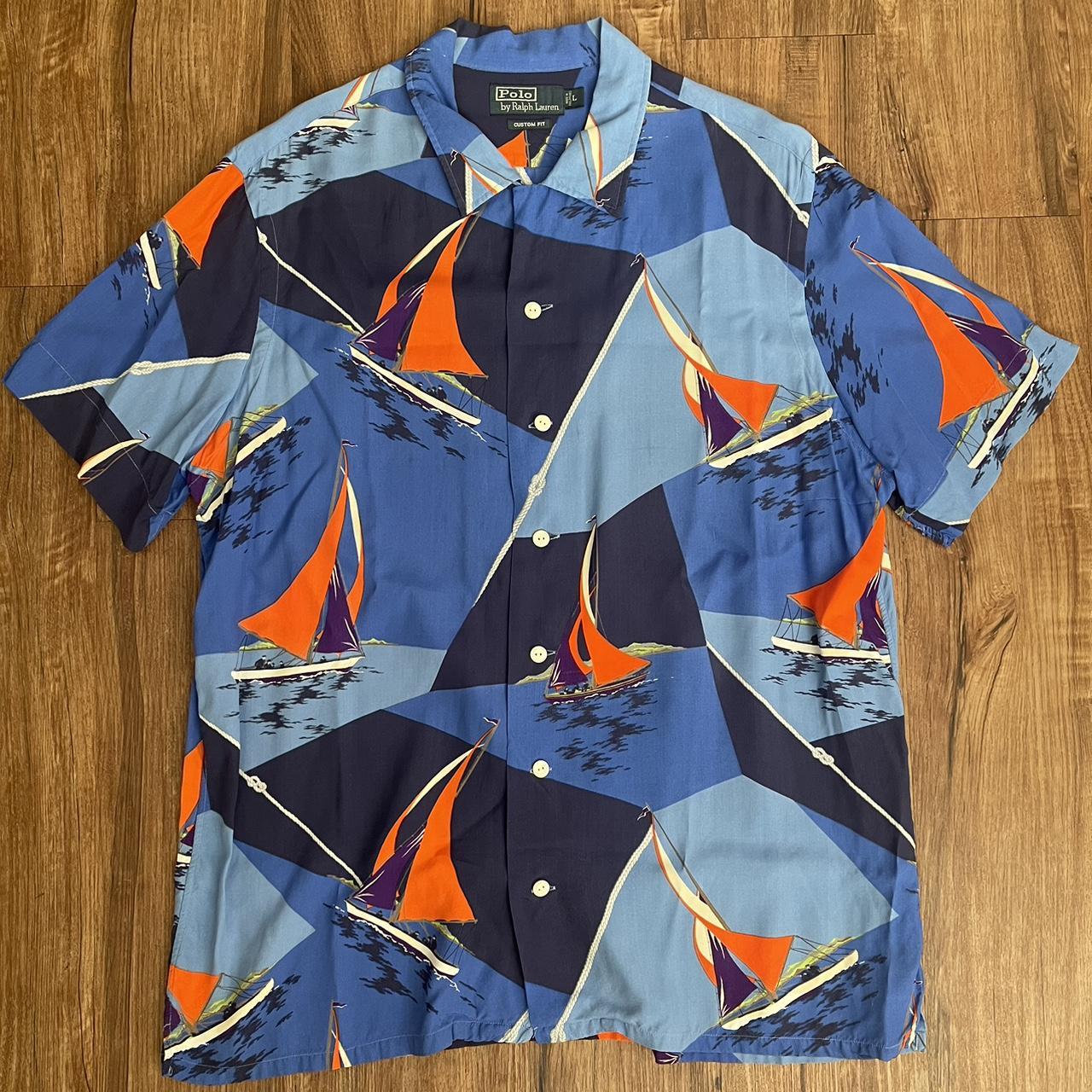 Polo Ralph Lauren Vintage Camp Shirt Short Sleeve Blue shops Button Down Yacht Print