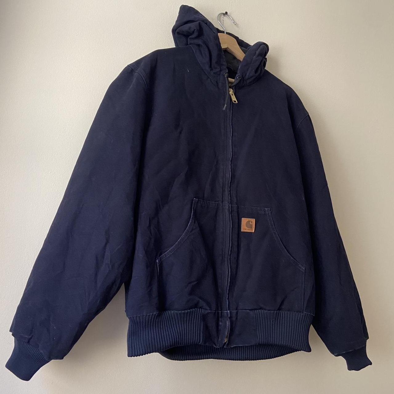 Vintage Carhartt canvas quilted navy full zip hoodie... - Depop