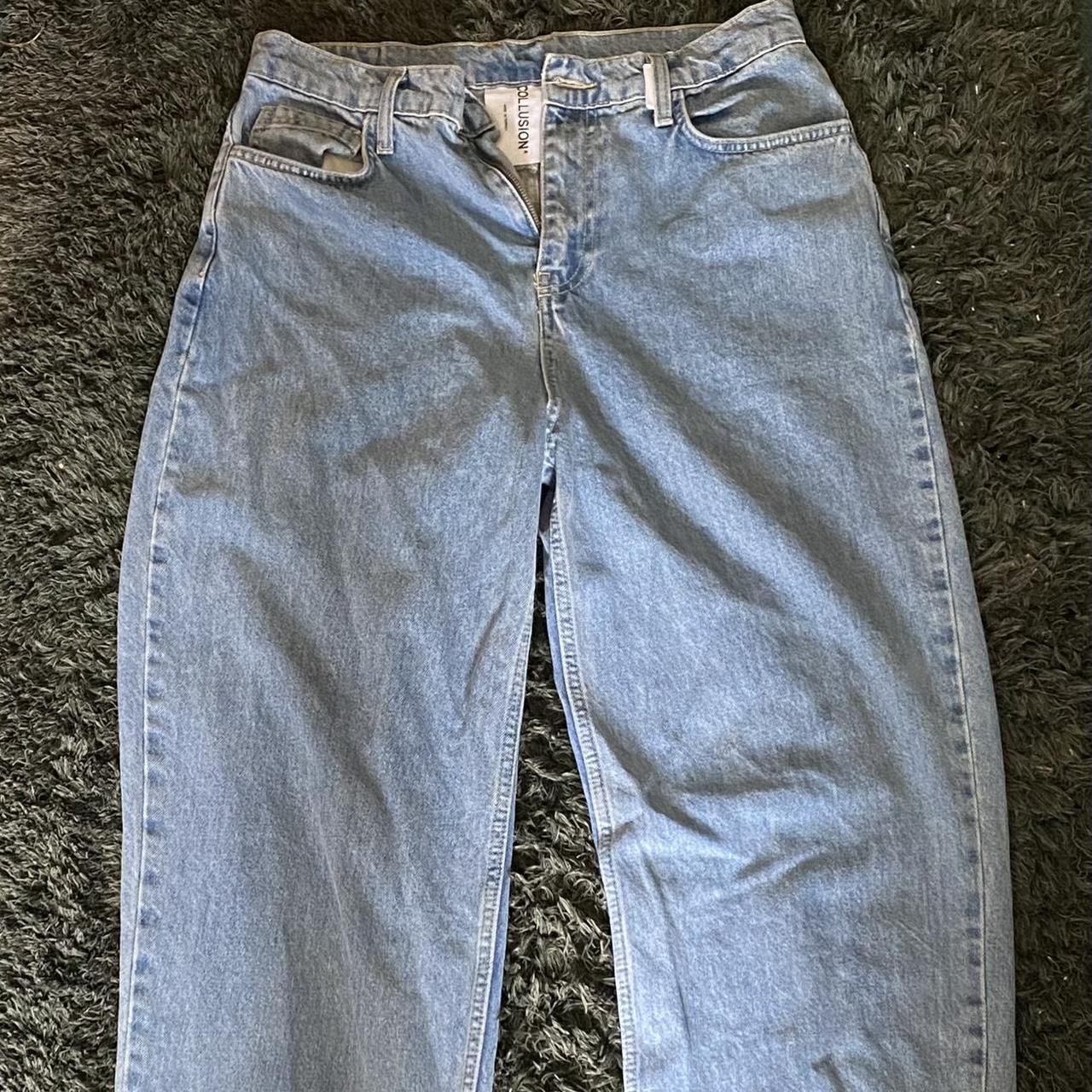 Light blue wash collusion jeans with rough/torn look... Depop