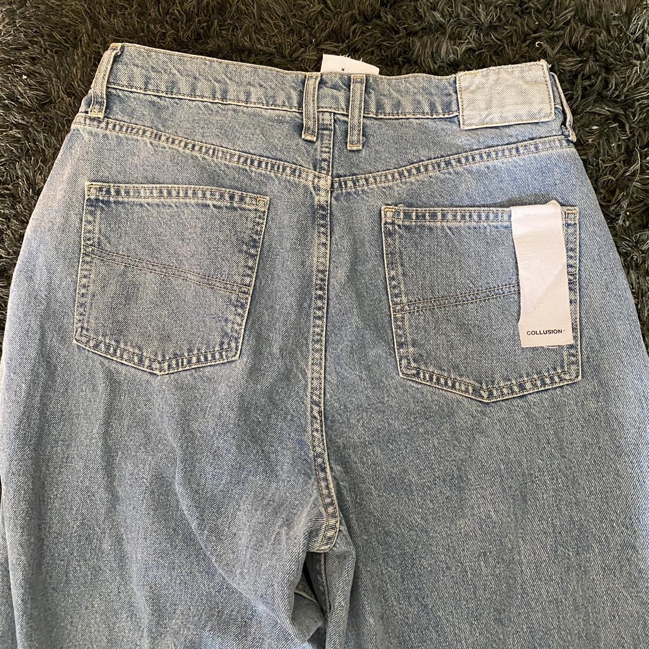 Light blue wash collusion jeans with rough/torn look... Depop