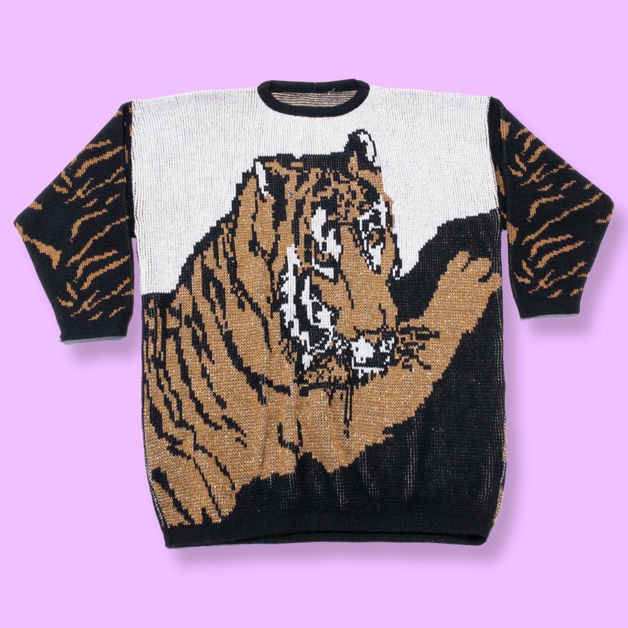 Vintage Sparkly Tiger Sweater Women's Fits XL Crew... - Depop