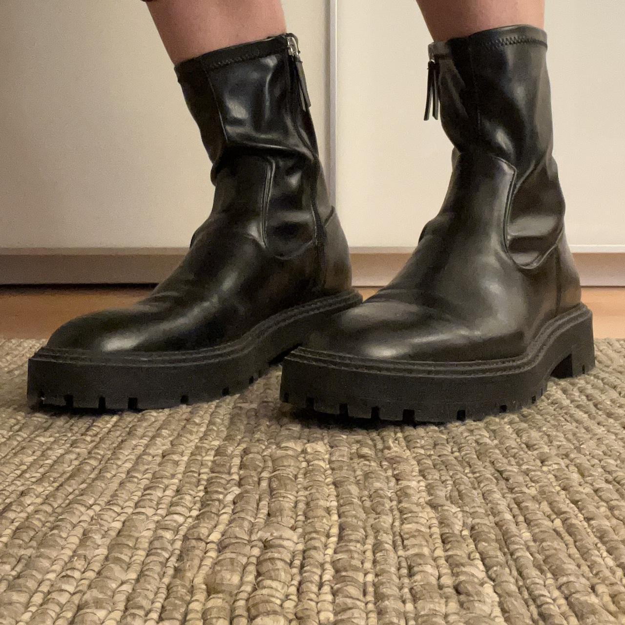 Zara black leather lug sole boots. Worn a few... - Depop