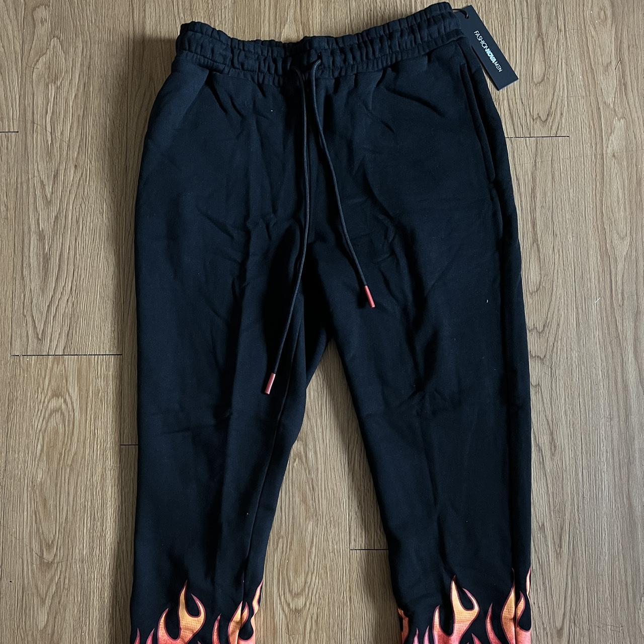 Fashion Nova Men Tracksuit 2026.MENS FASHION NOVA JUMPING FLAME JOGGER PANTS... - Depop