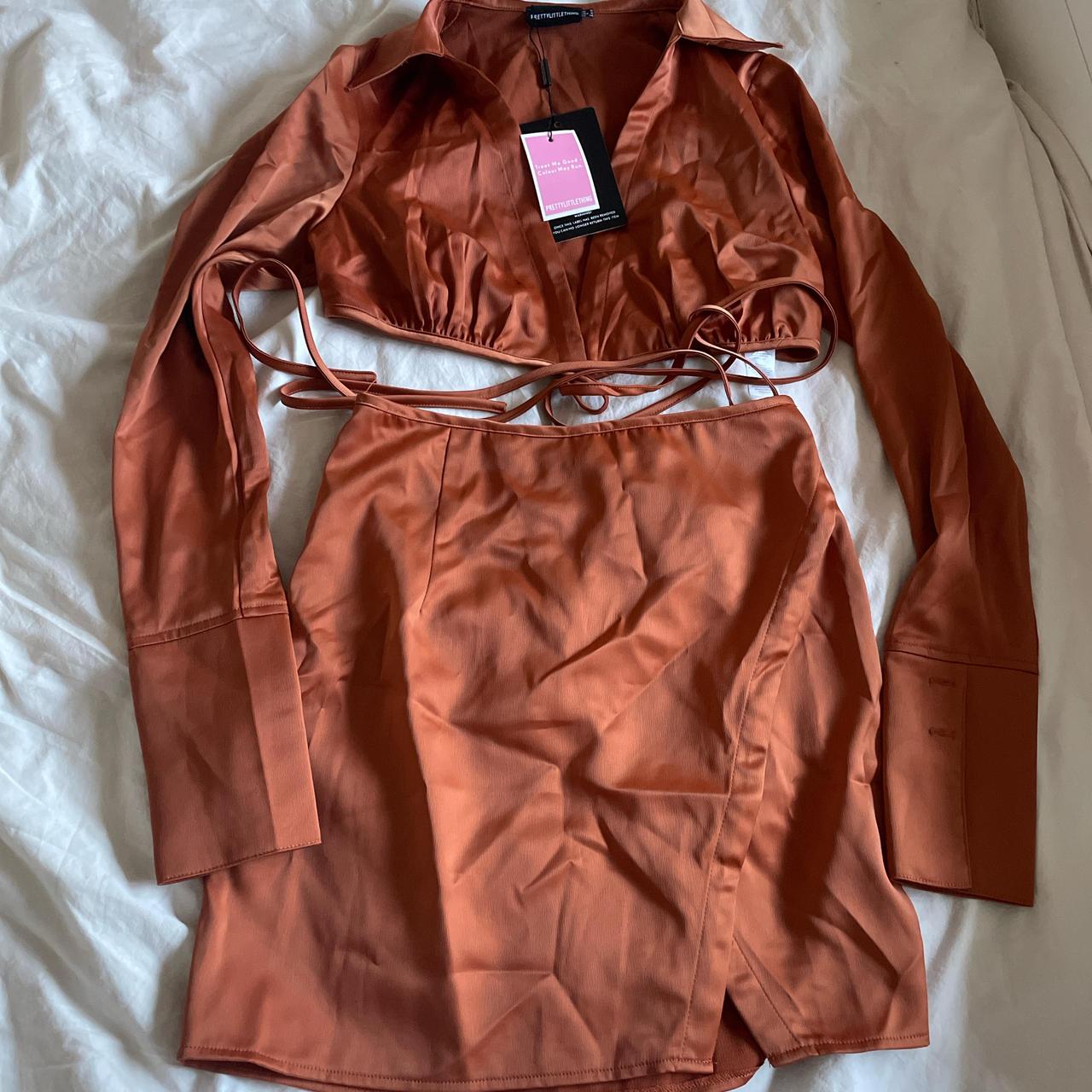 PLT burnt orange coord wrap cropped shirt and split... Depop