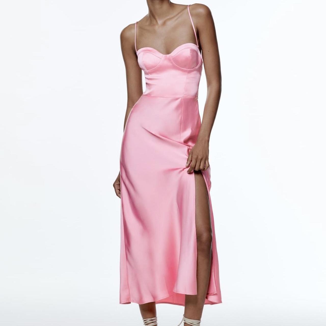 Zara pink satin midi dress with straps in back. Worn... - Depop