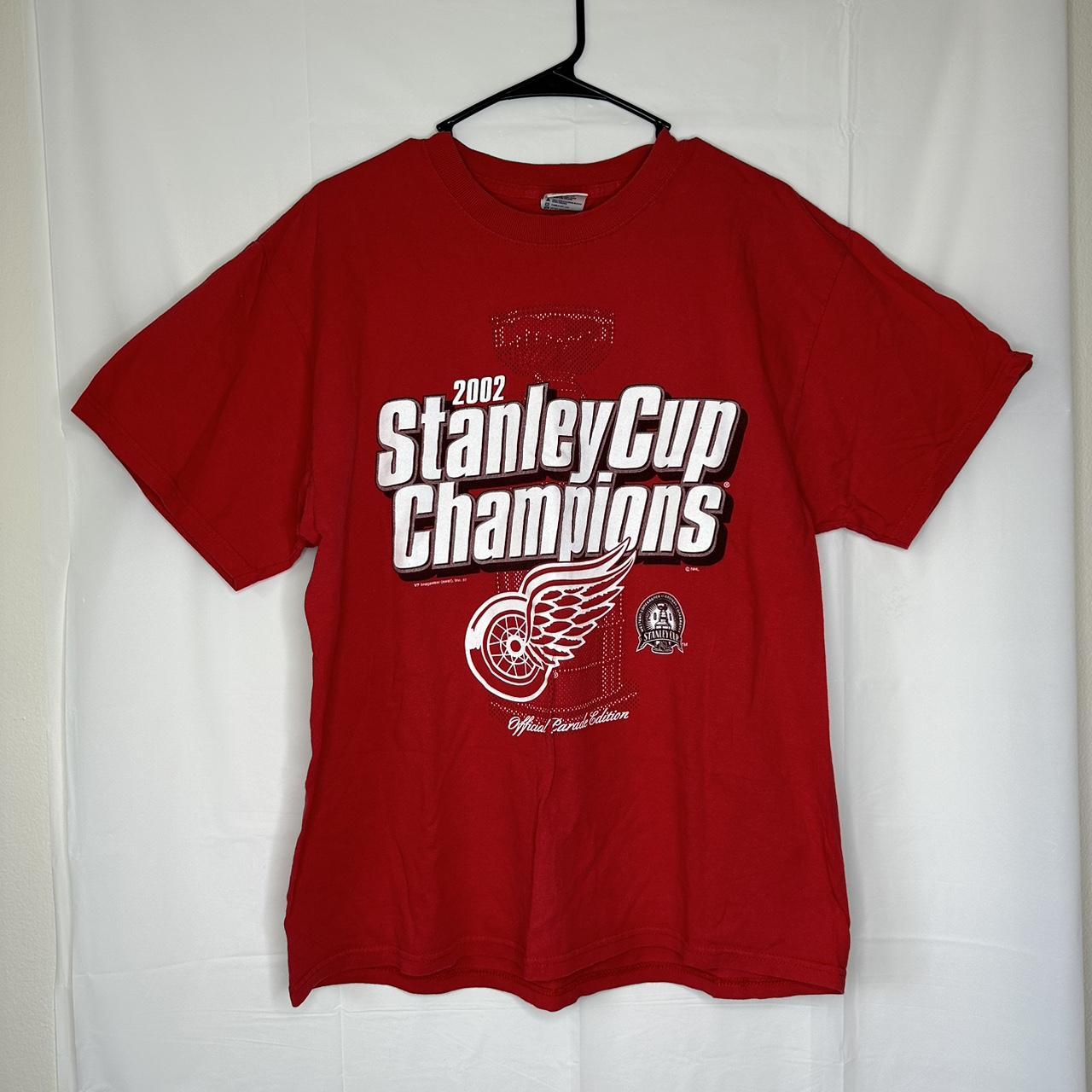 VINTAGE Detroit Red Wings T Shirt Mens Large 2002 Stanley Cup Champs Hockey  Red