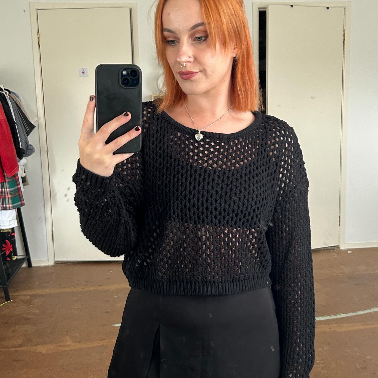 super cute open knit black cropped jumper! the... - Depop