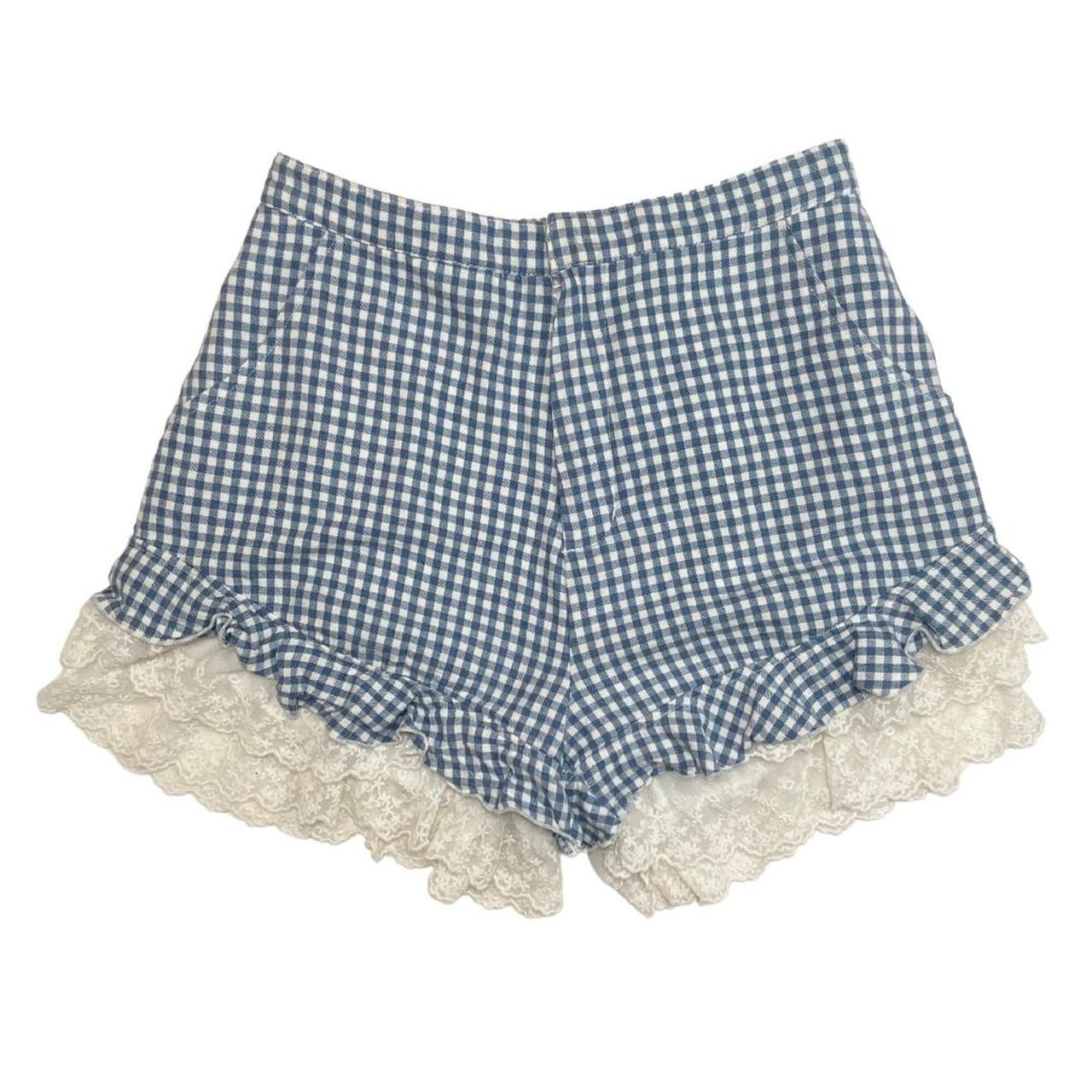 Tralala Light Blue lace trim gingham shorts Waist:... - Depop