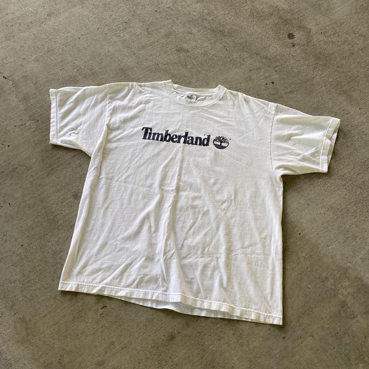 Vintage 90s Timberland White Logo T-Shirt Size... - Depop