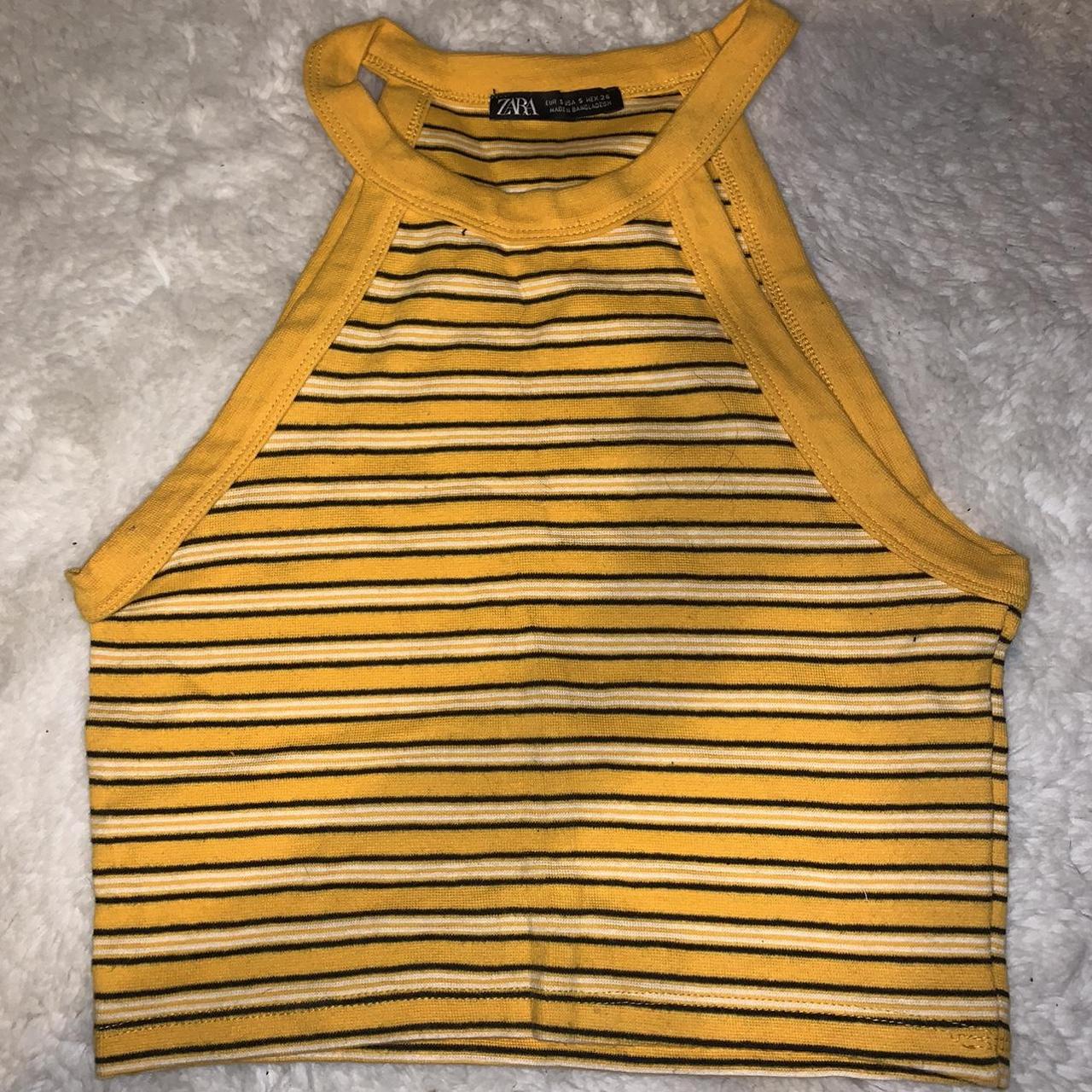 yellow, black and white striped halter top from... - Depop